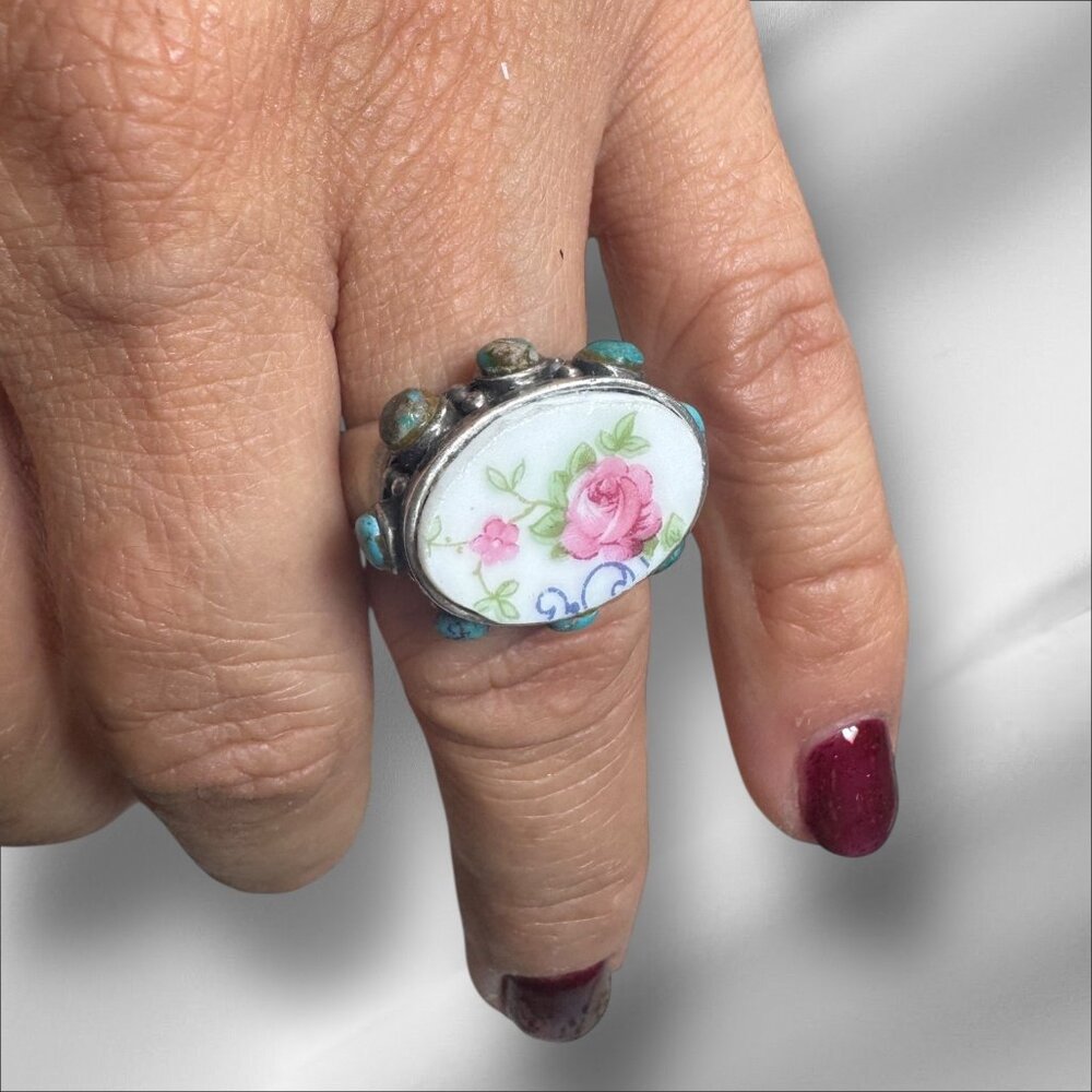 Antique Bavaria Franklin Rose China & Upcycled Turquoise Vintage 925 Silver Ring